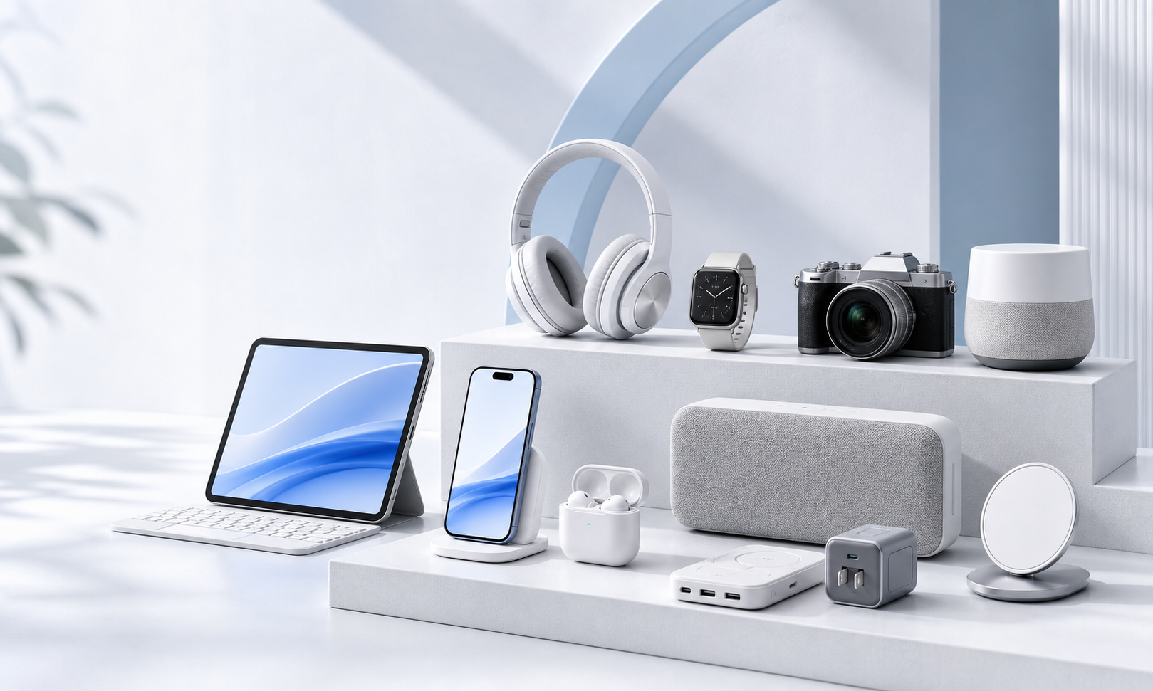 Premium electronics arranged on a clean product display